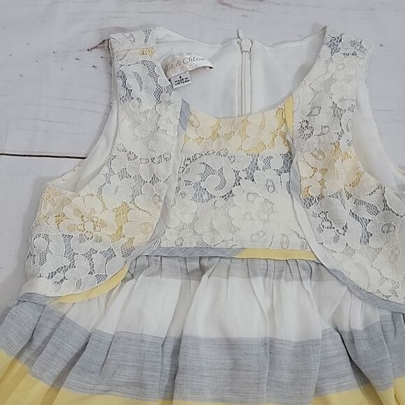 Isobella and Chloe Stunning Yellow and Gray Striped Lace Girls size 6 Dress - Picture 2 of 5